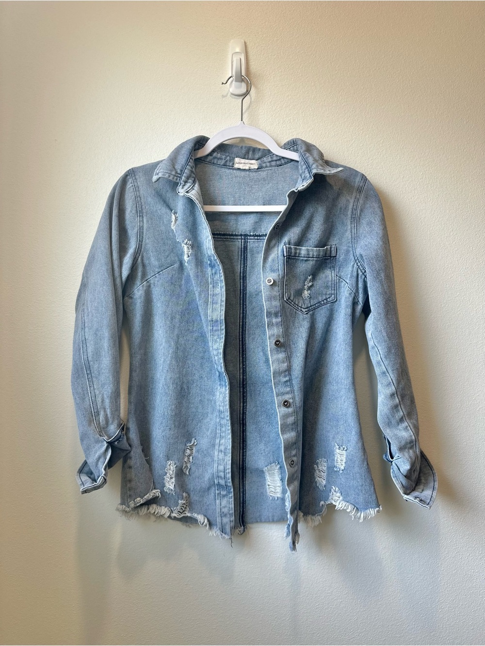 Lala Factory Distressed Denim Button Down Shacket Raw Hem Size S